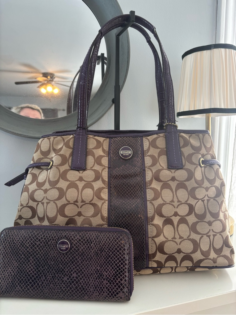 Coach Brown Signature Canvas Shoulder Bag with Purple Trim